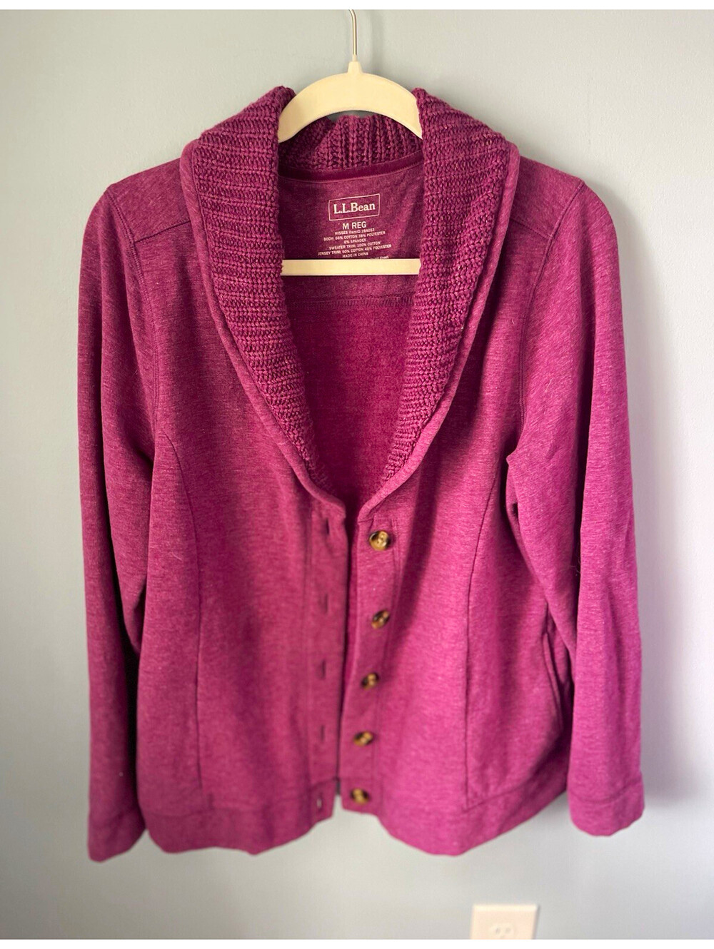 L.L.Bean Women's Purple Knit Button Front Shawl Collar Solid Cardigan Sweater M